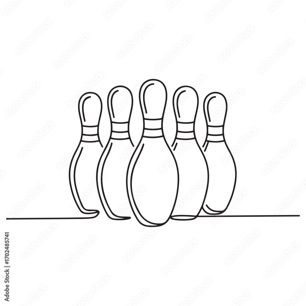 Fototapeta premium Single continuous line Art drawing of bowling pins lined up at bowling lane. Doing sport hobby at leisure time concept. with white background