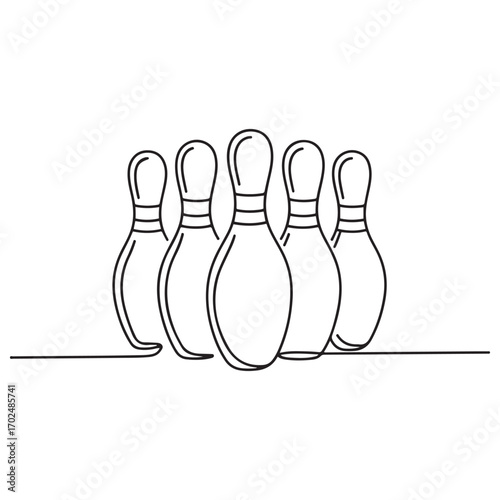 Single continuous line Art drawing of bowling pins lined up at bowling lane. Doing sport hobby at leisure time concept. with white background