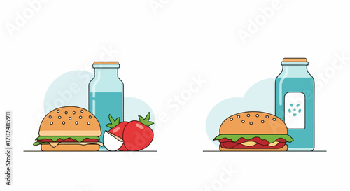 A flat line art illustration set of a classic hamburger meal with a bottle of water and fresh vegetable ingredients on a white background