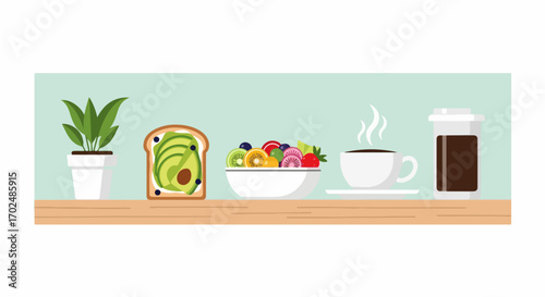 Healthy breakfast spread on a wooden shelf with coffee, fruit salad, avocado toast, and a potted plant, representing a balanced morning meal and wellness lifestyle