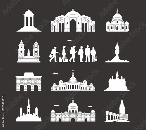 Landmark silhouettes, monuments, cathedrals, domes, arches, historic buildings, travelers, tourism, world architecture icons for global travel design