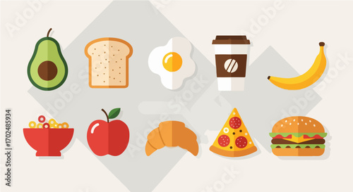 Vector illustration of popular food items. A collection of breakfast and fast food icons representing a daily diet concept