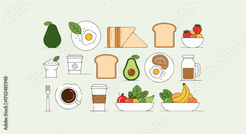 Assortment of healthy breakfast and brunch food icons in a clean, minimalist line art style, including coffee, toast, avocado, and fruits