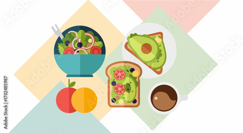 Nutritious lifestyle food concept illustration with a fresh salad bowl, avocado toast, fruit, and coffee on a modern geometric background