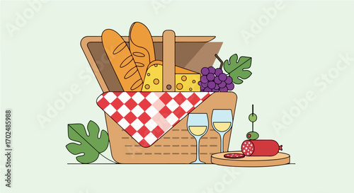 A classic summer picnic basket illustration filled with delicious food and wine for a perfect outdoor dining experience