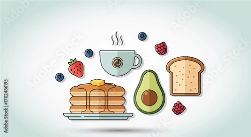 Delicious Breakfast Pancakes, Toast, Avocado, and Berries