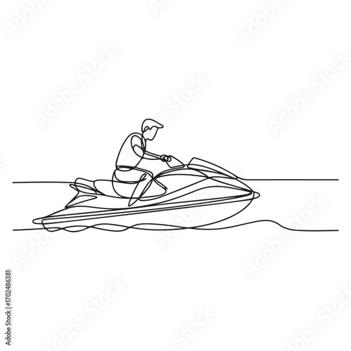Single continuous line drawing of young sporty tourist man fun playing jet ski in the sea. with white background