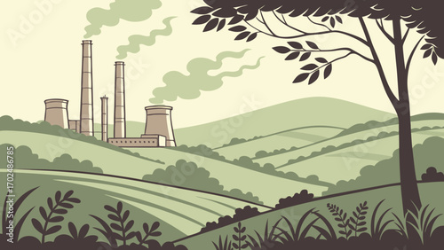 Factory Chimneys Releasing Smoke Over Valley – Vector Illustration of Technology Side Effects on environment