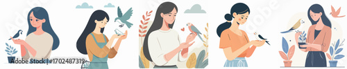 vector woman has a pet bird