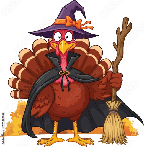 Cartoon turkey dressed as a witch for halloween and thanksgiving