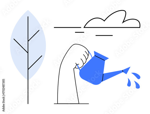 Arm holds blue watering can and waters a minimal tree with drops under stylized clouds. Ideal for sustainability, growth, care, conservation, environment, nurturing, progress. Simple flat metaphor