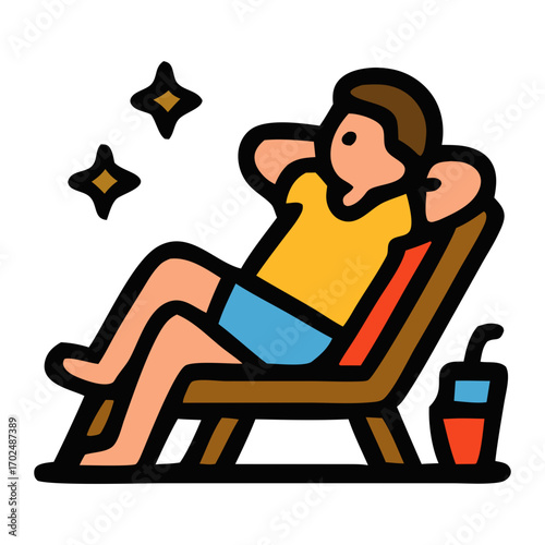 Relaxing getaway beach chair, person sips drink, calming vacation. Suitable for travel websites, vacation brochures, relaxationthemed content.