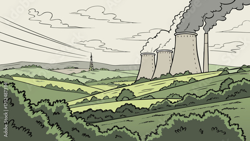 Factory Chimneys Releasing Smoke Over Valley – Vector Illustration of Technology Side Effects on Nature