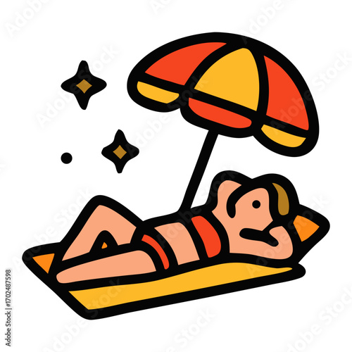 Sunbathing leisure person relaxing under colorful beach umbrella. Suitable for holiday, travel, relaxation, summer, vacation, leisure concept designs.