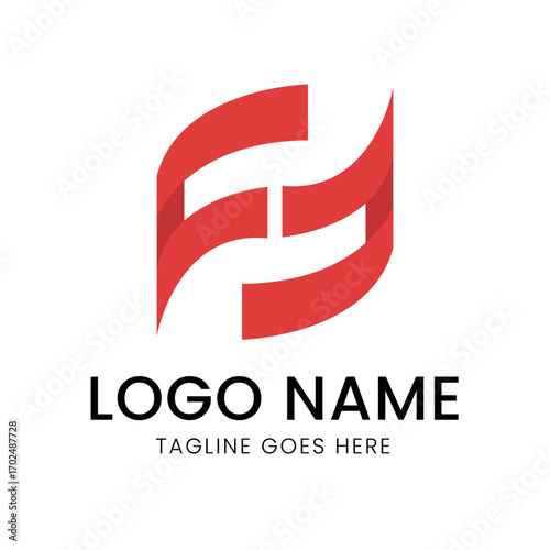 A dynamic logo with a red ribbon-like shape that forms the letters 'F' and 'G', with placeholders for a company name and tagline.