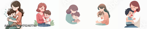 vector of a boy crying in his mother's arms