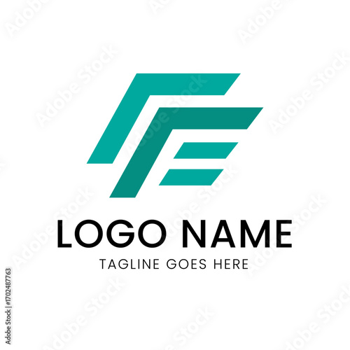 Free Download A bold, geometric logo with a teal abstract shape that forms the letters 'FE', with placeholders for a company name and tagline. - GFXLoad