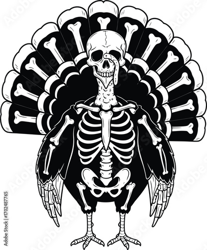 Skeletal turkey illustration for thanksgiving or halloween art