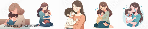vector of a boy crying in his mother's arms