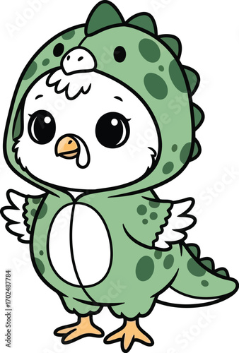 Cute chick in a dinosaur costume stands on a white background