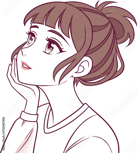 anime-style vector illustration of a young woman with fair skin, soft blush, and gentle makeup.