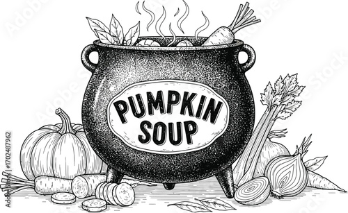 Steaming pot of pumpkin soup with vegetables in black and white