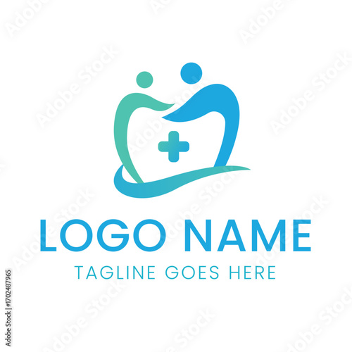 A modern dental or healthcare logo with two stylized figures embracing a tooth shape with a medical cross at its center.