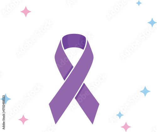 A vibrant purple awareness ribbon stands prominently against a clean white background, surrounded by delicate pink and blue star-shaped sparkles, symbolizing support and solidarity.
