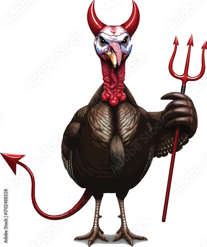 Devilish turkey with horns and tail holding a trident on white