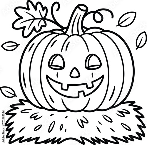Whimsical black and white illustration of a happy carved jack o lantern pumpkin sitting on a bed of straw with falling autumn leaves