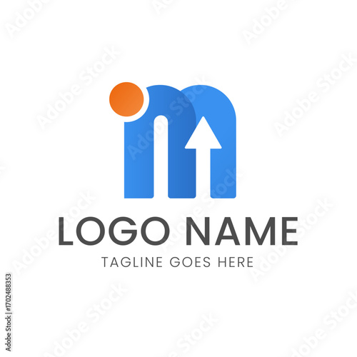 A modern logo with a blue letter 'M' featuring an upward arrow and a separate orange dot, with placeholders for text below.