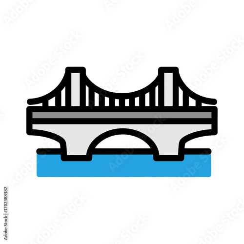 Bridge icon spans river with simple clean design