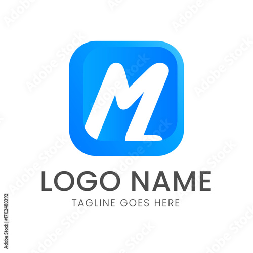 A modern logo with a blue 3D square and a white cursive letter 'M' inside, with placeholders for a company name and tagline.