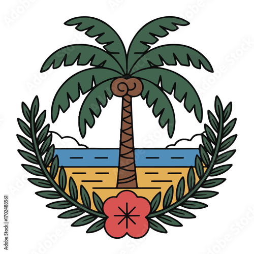 Tropical Beach Paradise with Palm Tree, Hibiscus, and Ocean View Illustration