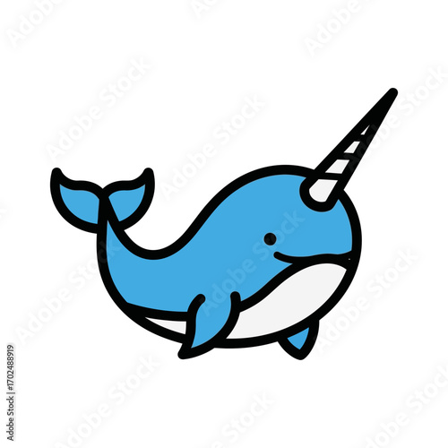 Cute narwhal swims happily in clear ocean waters icon
