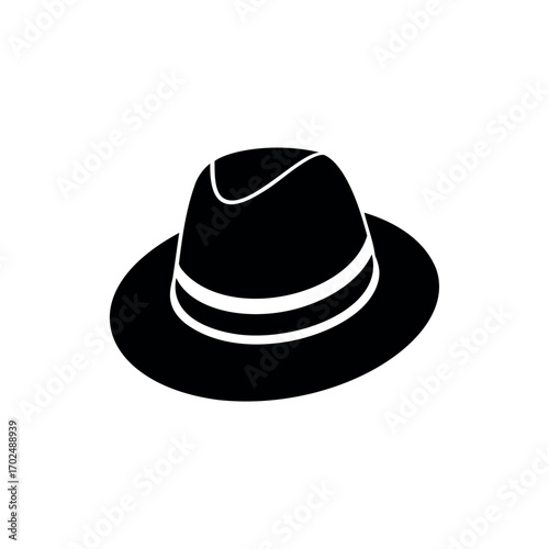 Black and White Illustration of a Classic Fedora Hat on White Backdrop