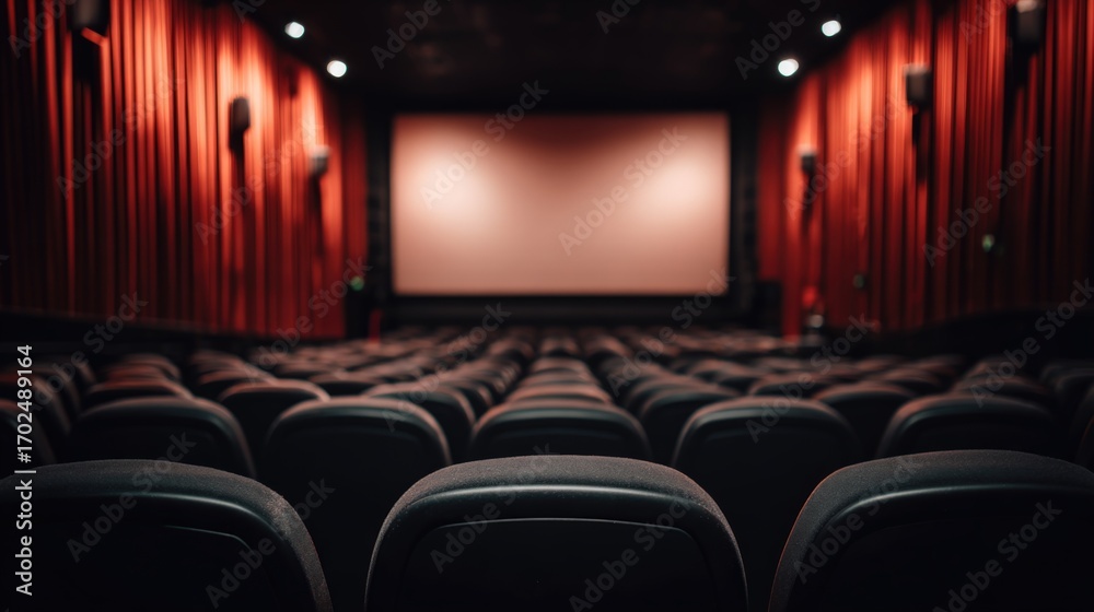 Fototapeta premium Empty Movie Theater Auditorium with Red Curtains and Comfortable Seating Awaiting Patrons