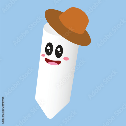 A cheerful, cartoon-style character resembling a piece of chalk with a brown hat, smiling with rosy cheeks on a solid blue background.