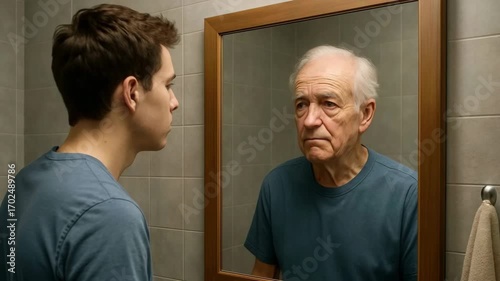 Young man looking at his future self in the mirror