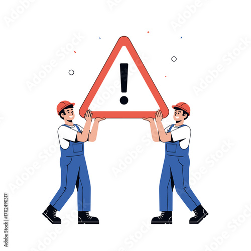 Two workers holding a large warning sign with an exclamation mark.