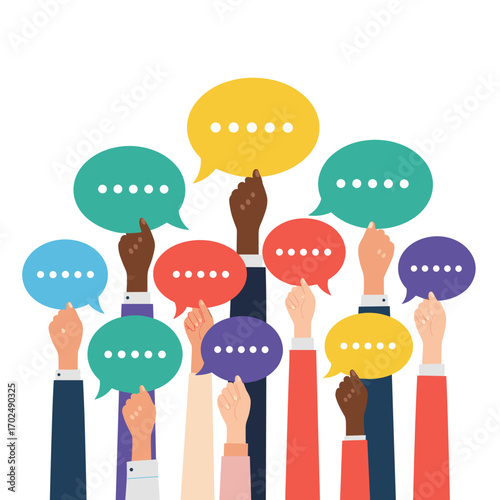 Diverse Hands Holding Speech Bubbles Representing Communication and Ideas.