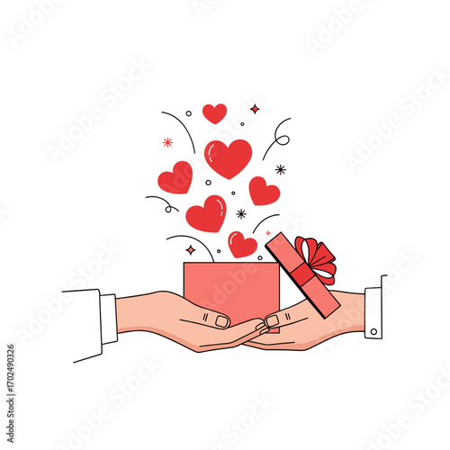 Hands Opening Gift Box with Hearts Floating Out.