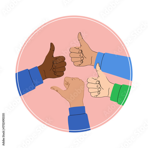 Diverse hands giving thumbs up in circle.