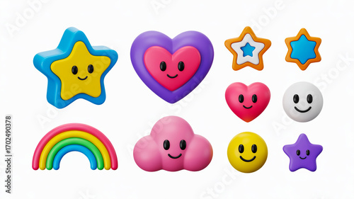 “Cute 3D cartoon icons grid glowing stars, hearts, smiley, pastel rainbow, white background