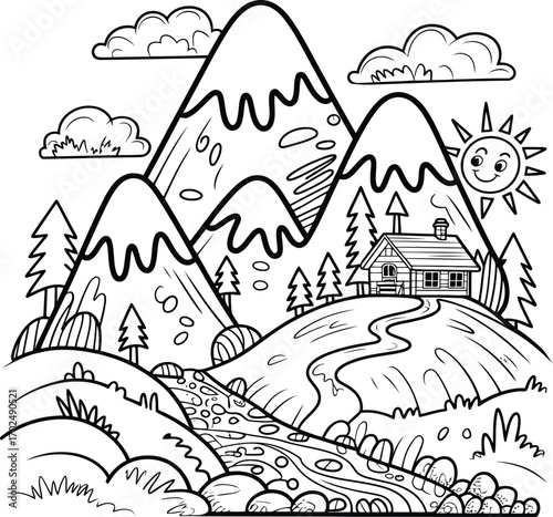 Whimsical black and white line drawing of a charming mountain landscape with a cozy cabin winding river and smiling sun