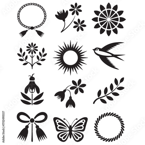 Nature-Inspired Black Silhouette Vector Icons Set with Floral, Wreath, Bird, and Butterfly Designs