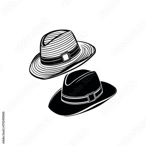 Two elegant fedora hats in a minimalist black and white vector drawing