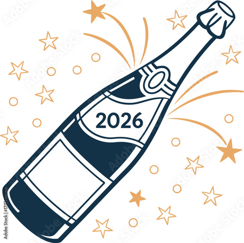 Flat vector illustration of a champagne bottle with a prominent label for advertising
