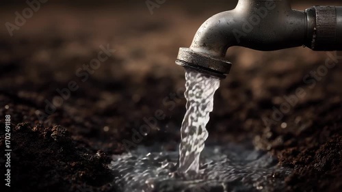 Fresh water flowing from metal tap to ground concept of irrigation agriculture environment natural resources and clean water supply for farming and life