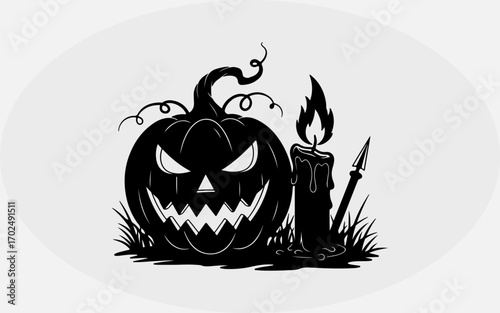 Spooky Halloween Pumpkin Silhouette with Candle